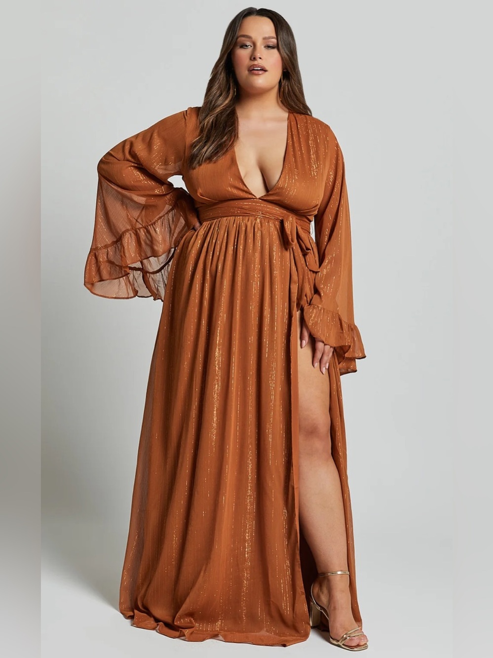 Showpo Dangerous Woman Rust Orange Metallic Plunge V Thigh Slit Maxi Dress 12